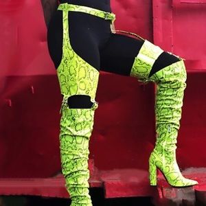 green snakeskin thigh high boots